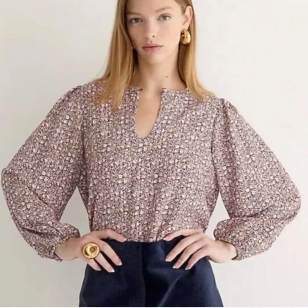 J Crew Puff Sleeve Satin Back Crepe Top Blouse Floral Flourish